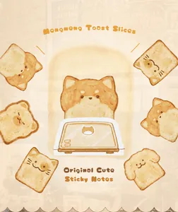 Detailed close-up of cartoon animal toast shaped sticky notes featuring cute cats and dogs