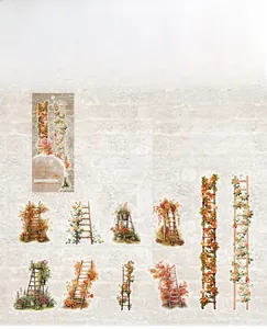 Detail of vintage PET floral stickers featuring orange flowers and retro wooden ladders