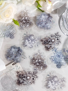 Macro detail of transparent PET floral stickers with watercolor design and 10pcs pack