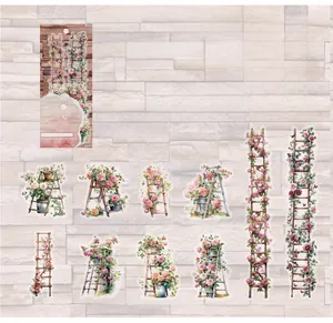 Detail view of Romantic Flower Ladder PET stickers with vintage floral patterns for DIY