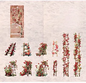 Detail of Rose Shadow vintage floral PET stickers with roses and wooden ladder design
