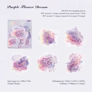Detailed view of PET floral stickers with silver hot stamping and purple watercolor design