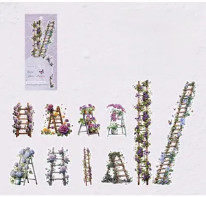 Detailed PET waterproof stickers featuring elegant purple floral scenery and wooden ladders
