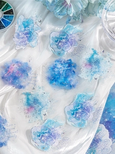 Detail of PET stickers with blue watercolor flowers and silver glitter inspirational text