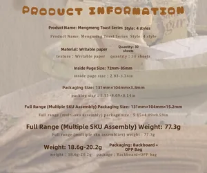 Detailed specification list for cute toast paper memo pads with sizes and weights