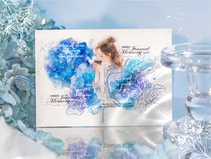 Detail of floral PET stickers showing a girl with coffee and blue watercolor flowers