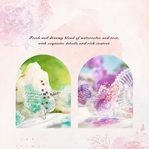Macro detail of watercolor floral PET stickers with glitter effect for DIY decoration