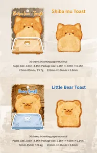 Detailed view of Shiba Inu and bear toast themed sticky notes on a warm cafe background
