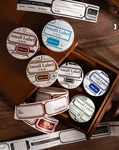 Detailed view of vintage label washi tape rolls in 6 colors on retro wood background