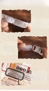 Detail of vintage paper stickers with easy-tear lines and self-adhesive backing