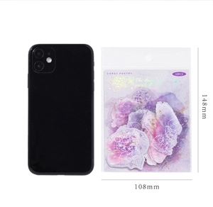Detail of PET floral stickers showing dimensions 148x108mm next to a smartphone