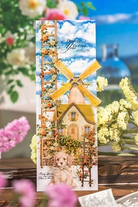Detail of floral PET stickers with windmill and puppy design for DIY scrapbooking