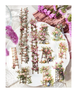 Floral PET stickers with vintage stairs and butterflies for DIY scrapbooking decor