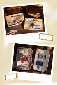 Macro shot of vintage label stickers with numeric coding and paper textures for scrapbooking