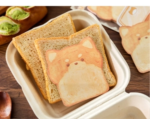 Cute Shiba Inu toast sticky notes displayed inside an eco-friendly lunch box tray