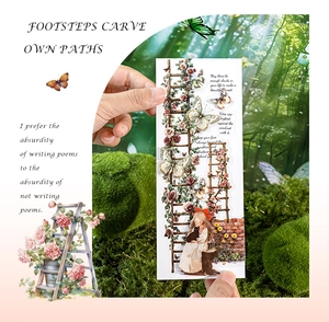 Detailed view of floral sticker with red-haired girl, black cat, and garden elements
