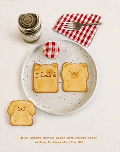 Macro shot of cute cartoon toast sticky notes featuring cat and dog expressions