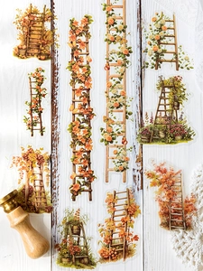 Floral PET stickers with vintage wooden ladders and roses for DIY journaling decoration