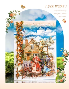 Artistic detail of vintage floral stickers featuring a girl, roses, and stone cottage scenes