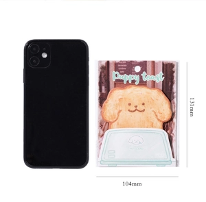 Size comparison of a 30-piece puppy toast sticky note set next to a smartphone