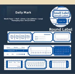 Detail of blue die-cut washi tape featuring vintage daily labels and date numbers