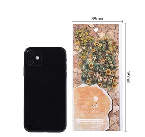 Detail of flower wall PET stickers showing 89x191mm size next to a mobile phone