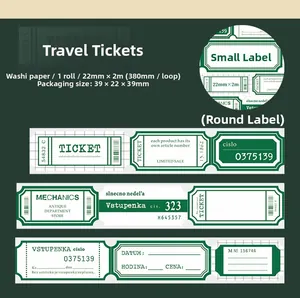 Detail of vintage washi tape with travel ticket motifs showing dimensions and cycle size
