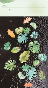 Artistic watercolor leaf stickers for scrapbooking displayed on black water ripple background