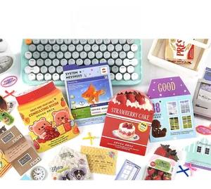 Detail showing vintage theme scrapbooking material paper with colorful bear and food motifs