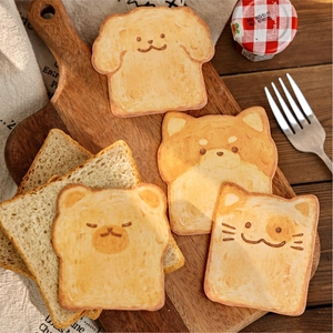 Cartoon toast sticky notes with animal faces on wooden board breakfast scene setting