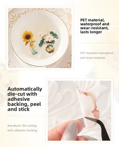 Detail showing waterproof PET floral stickers being submerged in water and peeled with tweezers