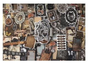 Vue détaillée du lot de papier scrapbooking vintage avec papillons et décorations académiques