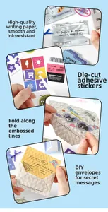 Detail showing DIY scrapbooking stickers and mini envelopes with pre-folded creases