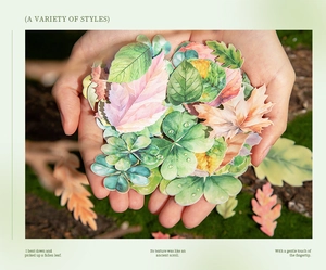 Macro shot of realistic watercolor leaf stickers for gothic style scrapbooking