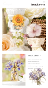 Detail of vintage French floral stickers featuring watercolor sunflowers and purple iris