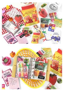 Macro view of vintage food and medicine theme stickers for DIY journal scrapbooking
