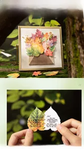 Detail of Gothic ruined city themed sticker set with autumn leaves and vintage metal frame