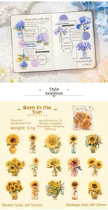 Detail of waterproof PET sunflower stickers for journaling with size and material specifications