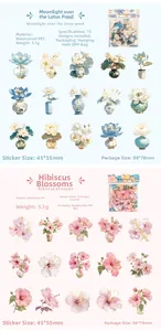 Detail of waterproof PET floral stickers in lotus and hibiscus themes for scrapbooking