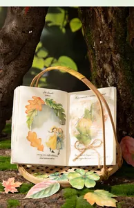 Aesthetic autumn scrapbooking stickers featuring maple leaves and figures on a notebook