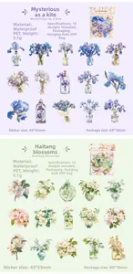 Detailed view of floral PET stickers in purple iris and pink begonia themes
