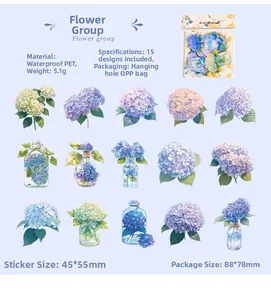 Detail of Flower Group waterproof PET stickers featuring 15 unique hydrangea floral patterns