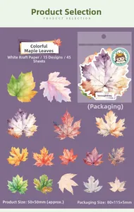Detail of 45 colorful maple leaf stickers in white kraft paper for DIY scrapbooking