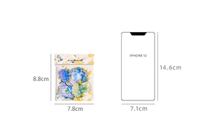 Detailed size comparison of blue hydrangea stickers and iPhone 12 reference model