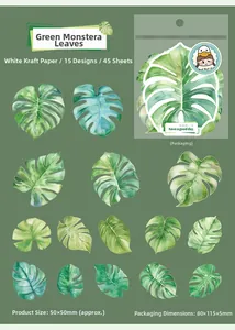 Detail of 45 botanical monstera stickers in white kraft paper with sizes under 50x50mm