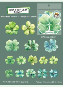 Flat lay of green clover stickers on dark background showing 15 different leaf designs