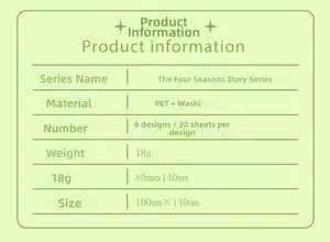 Especificaciones de pegatinas PET Four Seasons con 6 estilos, 20 hojas cada uno y medidas
