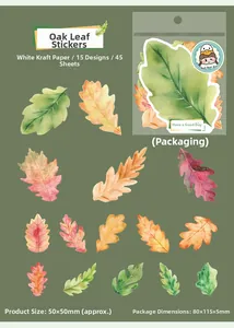 Detail of 15 different realistic oak leaf stickers made from white kraft paper