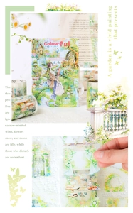 Close-up of Green Garden themed washi tape set and waterproof PET stickers for DIY journaling