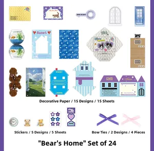 Detail of 24-piece scrapbook set with paper sheets, stickers and purple ribbon bows